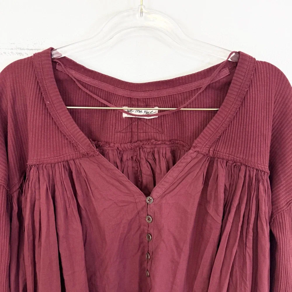 Free People Lyrical Tunic Burgundy Ribbed Long Sleeve Top Extra Small